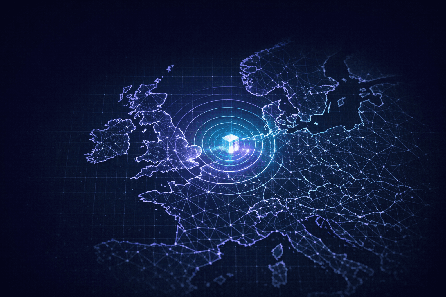 Stylised map of the UK and Europe with a secure data centre node over London